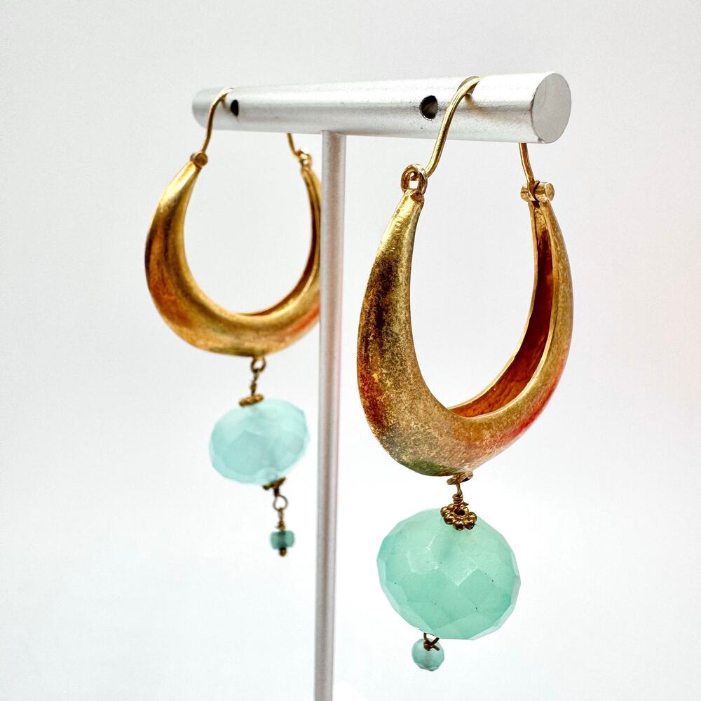 Gold Tone Crescent Hoop Earrings Aqua Blue Bead Dangles Boho Glam Bellydancer